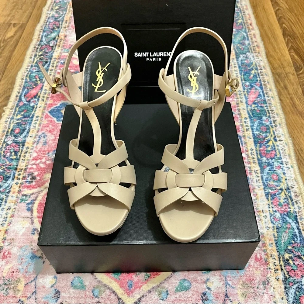Saint Laurent Tribute Nude Powder 75MM Leather Platform Sandals - Picture 6 of 11